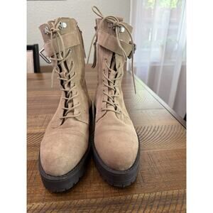 Sam Edelman Junip Combat Boots Women’s 9 Beige Suede Lace Up Zip Hiker Lug Sole